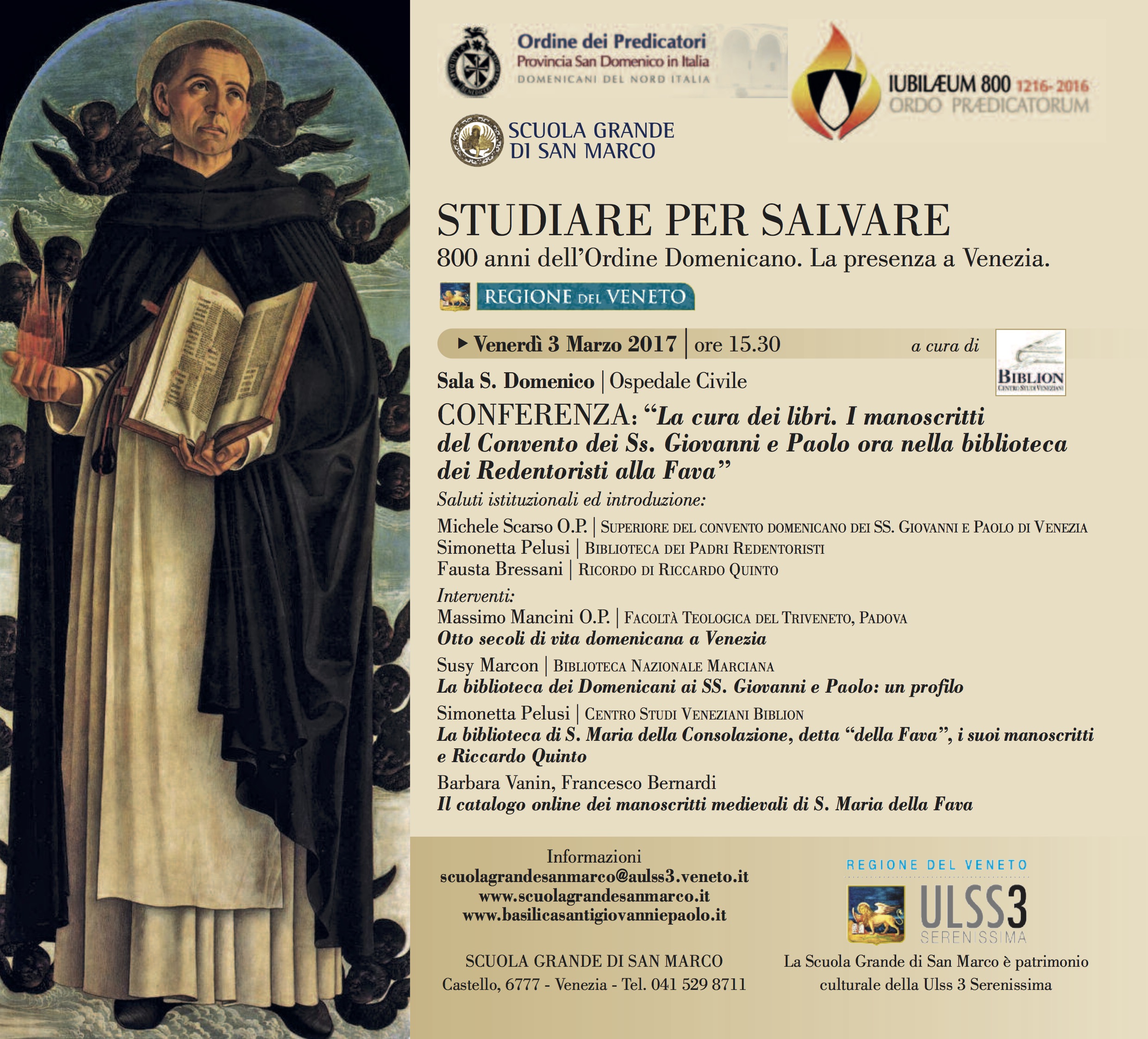 STUDIARE PER SALVARE, 800 anni dell’Ordine Domenicano. La presenza a Venezia